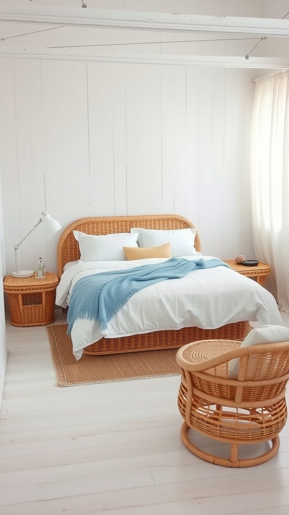 A modern bohemian bedroom with a rattan bed, white bedding, and a cozy blue throw.