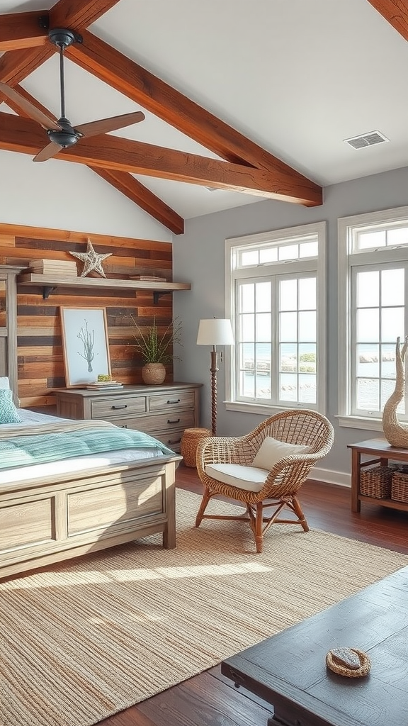 A coastal cabin bedroom featuring wooden beams, large windows, a woven chair, and rustic furniture.