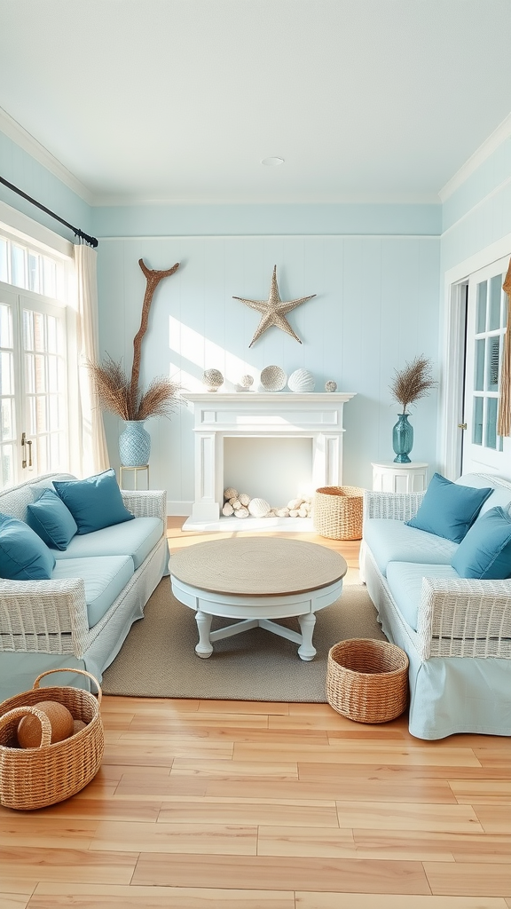 A coastal cottage living room featuring blue walls, comfortable sofas, a round coffee table, and decorative seaside elements.