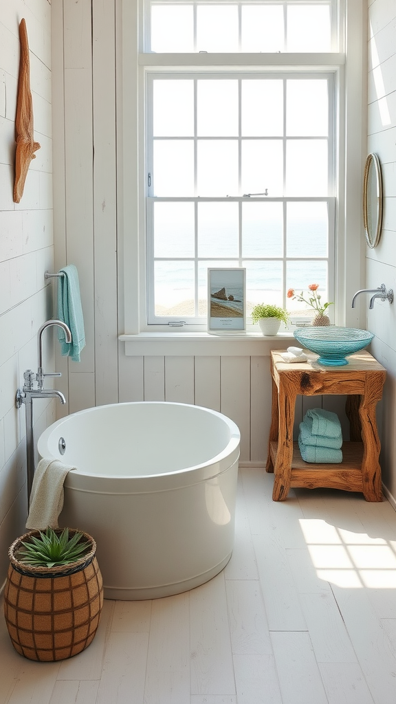 A bright, airy bathroom featuring a freestanding tub, wooden furniture, and coastal decor.