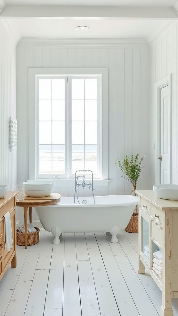 A bright and airy coastal farmhouse bathroom featuring a freestanding bathtub, wooden furniture, and large windows.