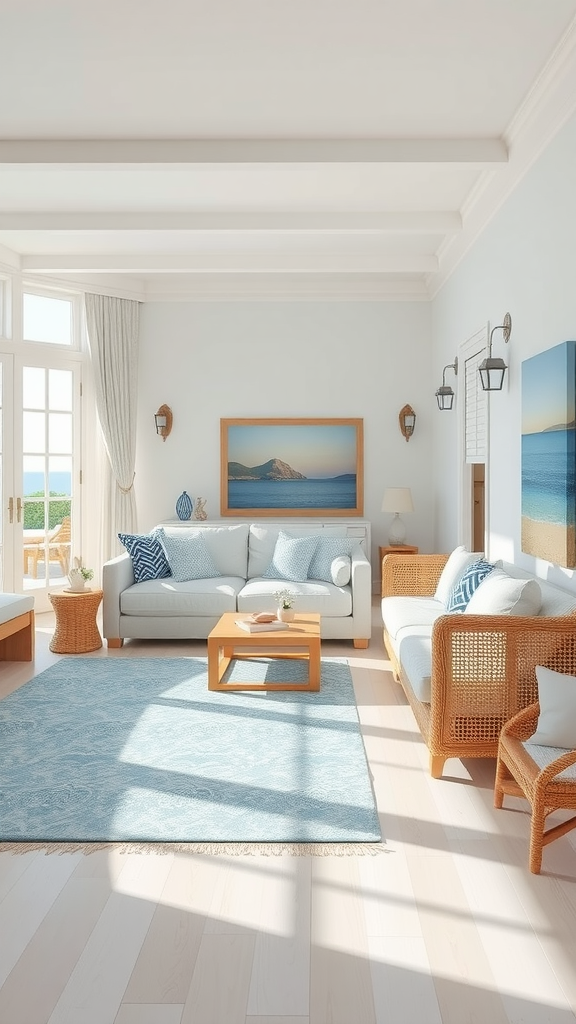 Bright coastal living room with comfortable furniture, ocean view, and light décor