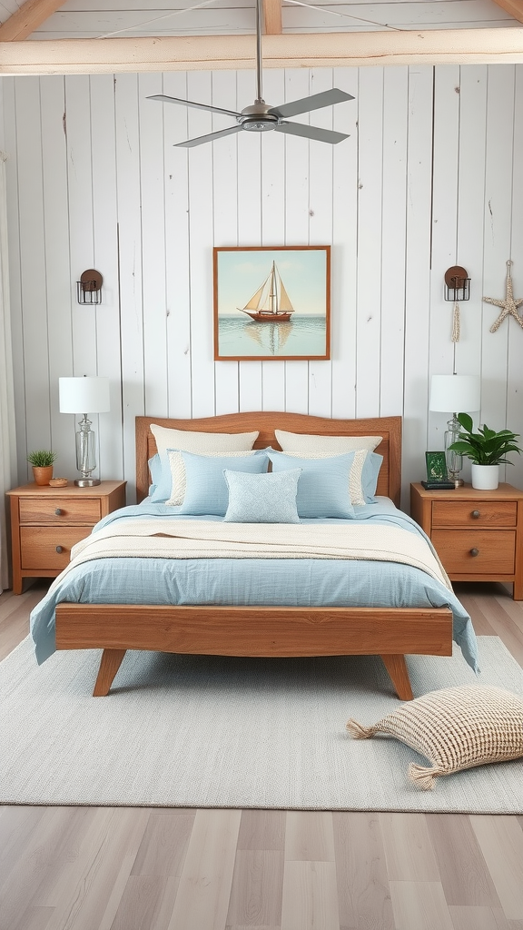 A coastal modern rustic bedroom featuring a wooden bed, blue bedding, and nautical decor.