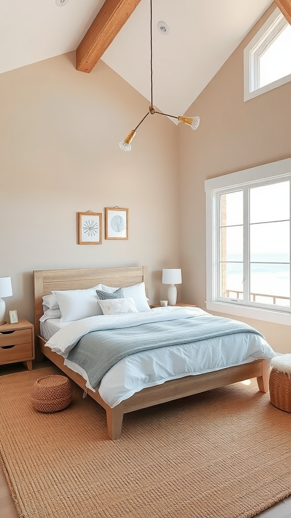 A cozy coastal modern rustic bedroom featuring wooden beams, a large window, and soft bedding.