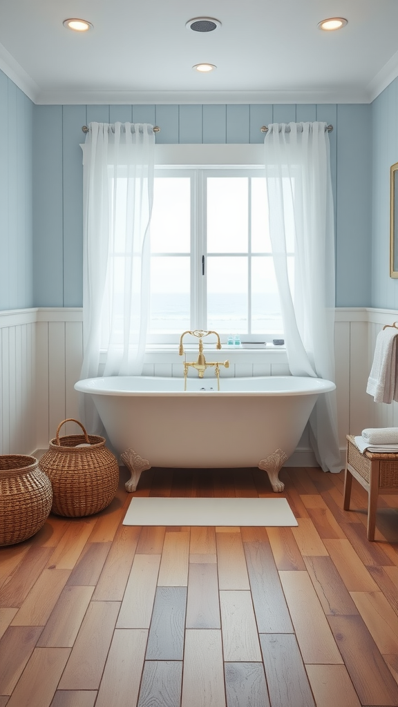 A bright and airy coastal cottage bathroom featuring a freestanding tub, blue walls, and natural wood flooring.