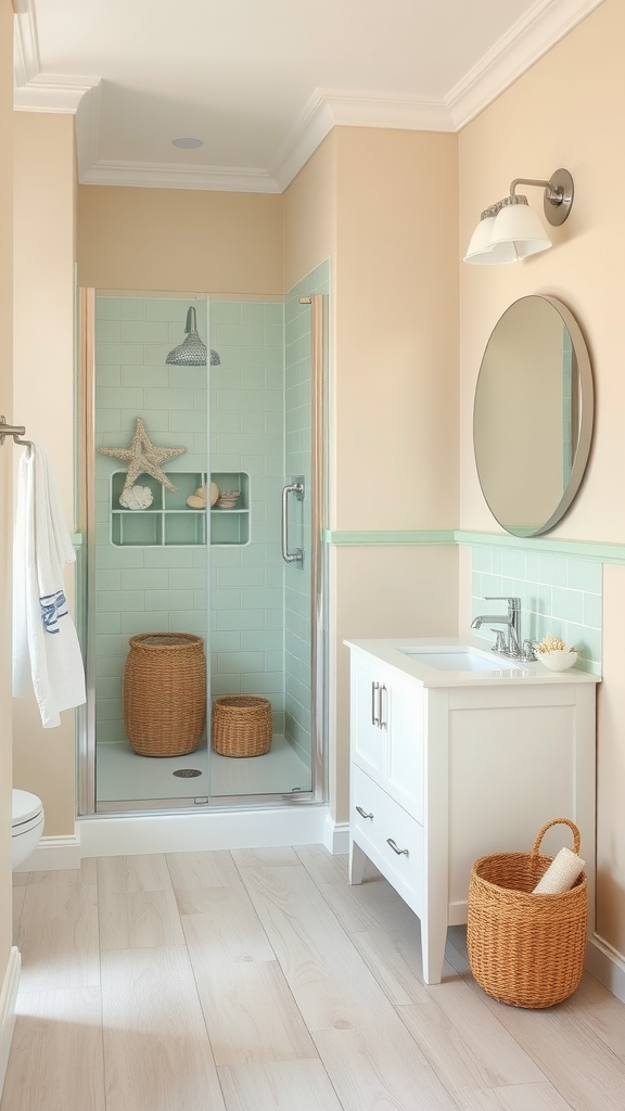 A stylish bathroom featuring sand-colored walls and seafoam green tiles, complemented by woven baskets and coastal decor.