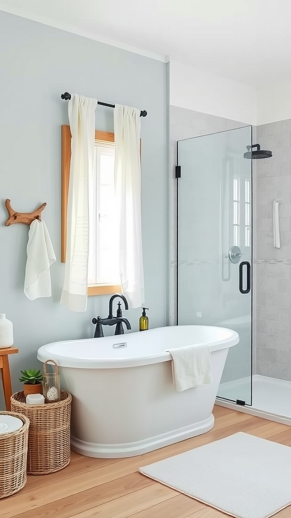 A coastal Scandinavian style bathroom featuring a freestanding bathtub, shower enclosure, wood accents, and light blue walls.