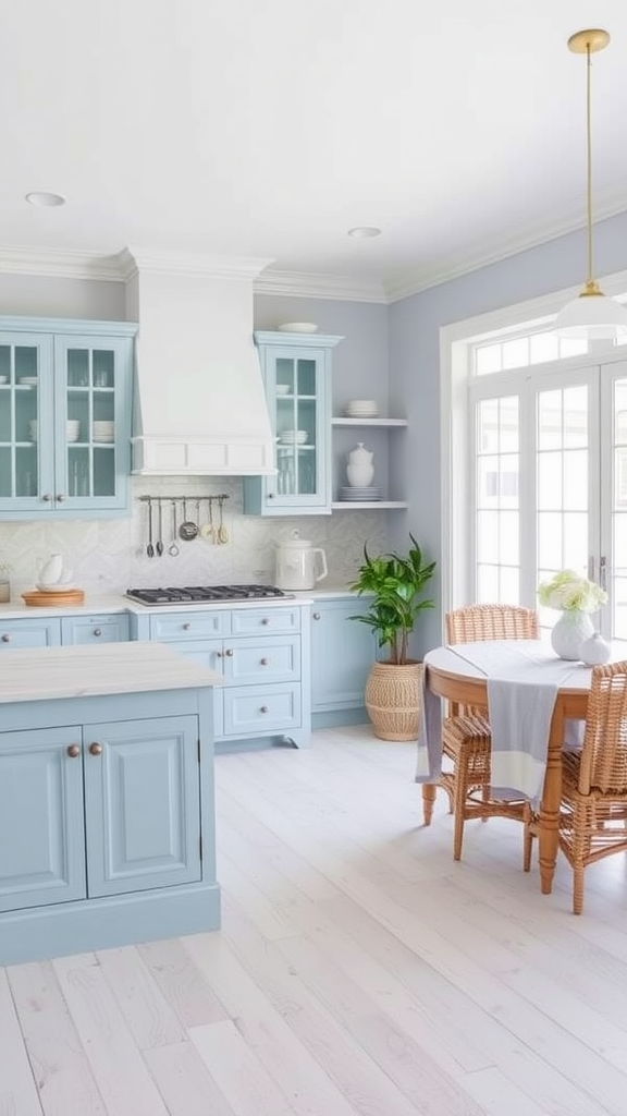 A bright kitchen with blue cabinets and a dining area featuring woven chairs.