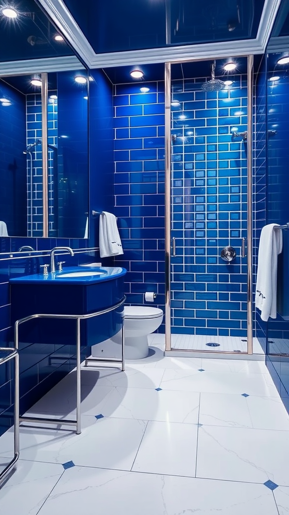 A modern bathroom featuring cobalt blue walls with silver accents and white marble flooring.