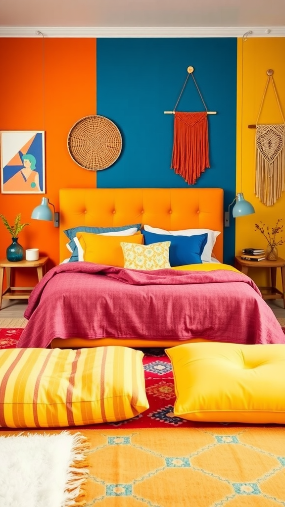 A colorful bohemian bedroom featuring a bright orange headboard, colorful pillows, and bold wall colors.