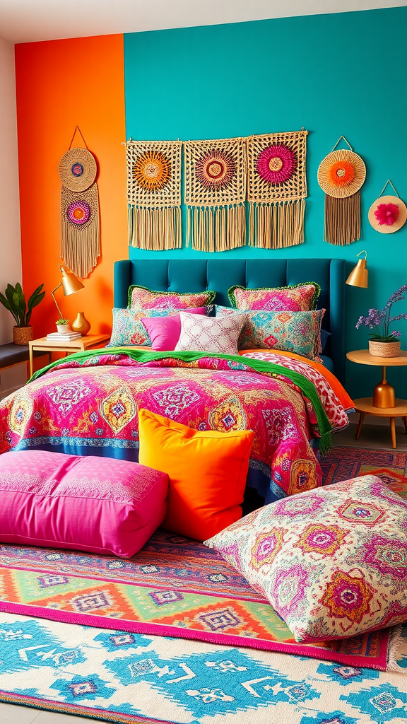 Bohemian bedroom with colorful walls, patterned bedding, and macramé wall hangings