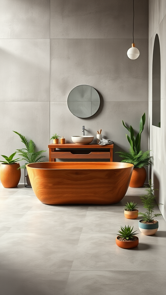 A serene bathroom featuring a cedarwood bathtub, concrete walls, and potted plants.