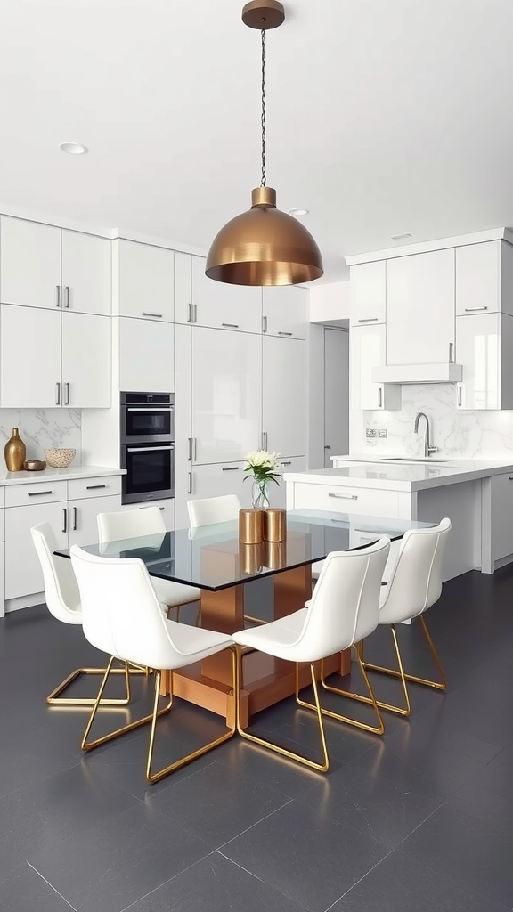 A modern kitchen and dining area featuring white cabinets, a glass dining table, and stylish seating.