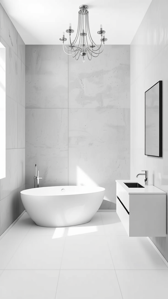 Minimalist contemporary bathroom with a freestanding bathtub and elegant chandelier.