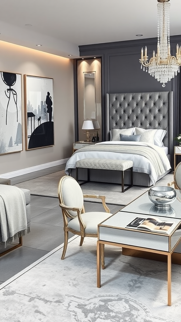 A stylish contemporary living room-bedroom combo featuring a tufted bed, elegant chair, and luxurious chandelier.