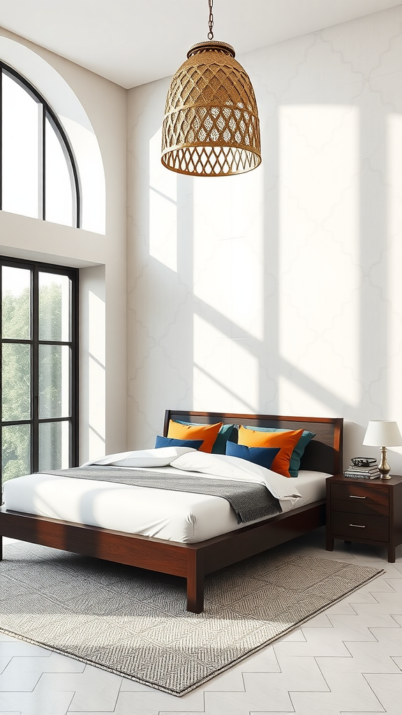 A contemporary Moroccan bedroom featuring a wooden bed with colorful pillows, a stylish woven light fixture, and large windows allowing natural light.