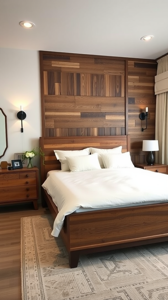 A modern rustic bedroom featuring a wooden accent wall, a cozy bed with white bedding, and stylish side tables.