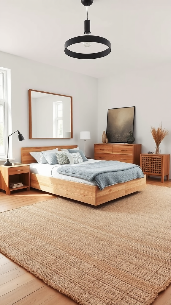 A modern rustic bedroom featuring wooden furniture, light blue bedding, and a cozy rug.