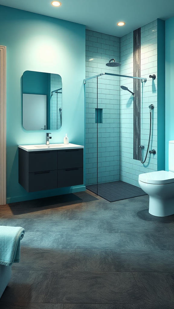 A modern bathroom featuring cool aqua walls and charcoal cabinetry.