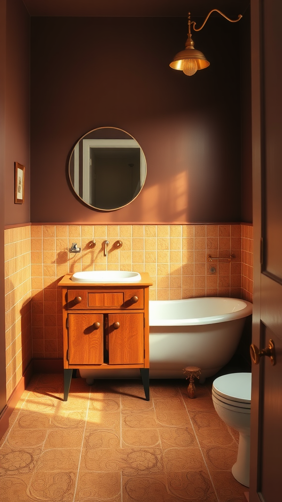 A stylish 70s bathroom featuring copper and brown tones with a wooden vanity and vintage bathtub.