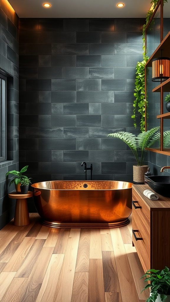 A modern bathroom featuring a copper bathtub, slate walls, and oak flooring.