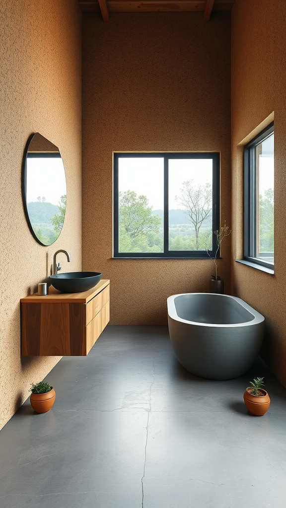 Minimalist bathroom featuring cork walls, concrete floor, and wooden vanity with a freestanding tub and large window view.