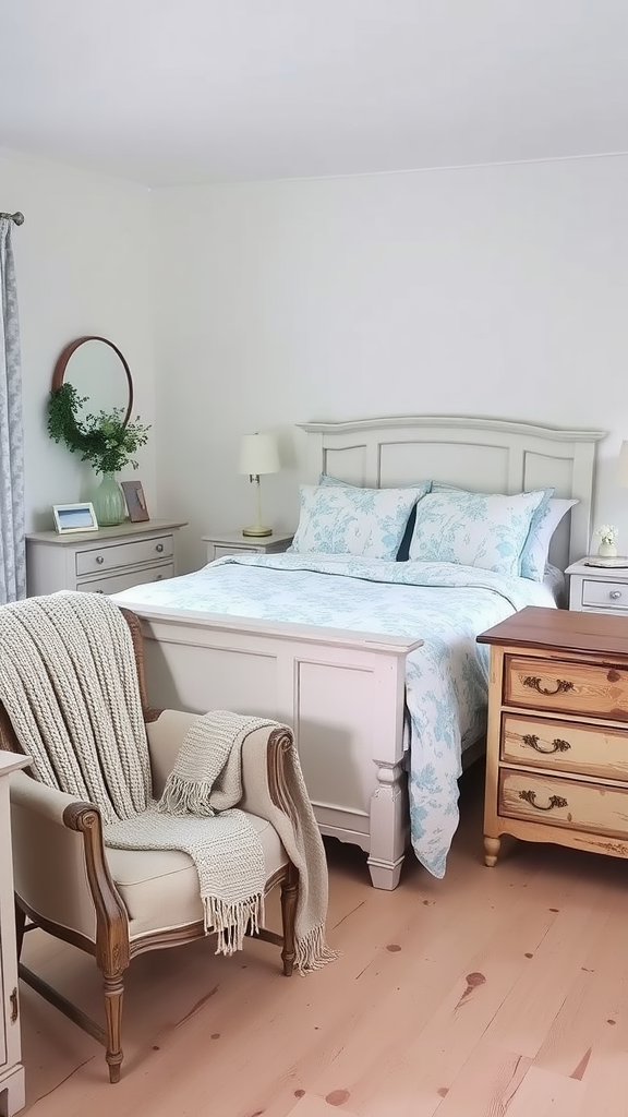 Cozy cottage-style farmhouse bedroom with blue bedding, wooden furniture, and a comfortable chair.