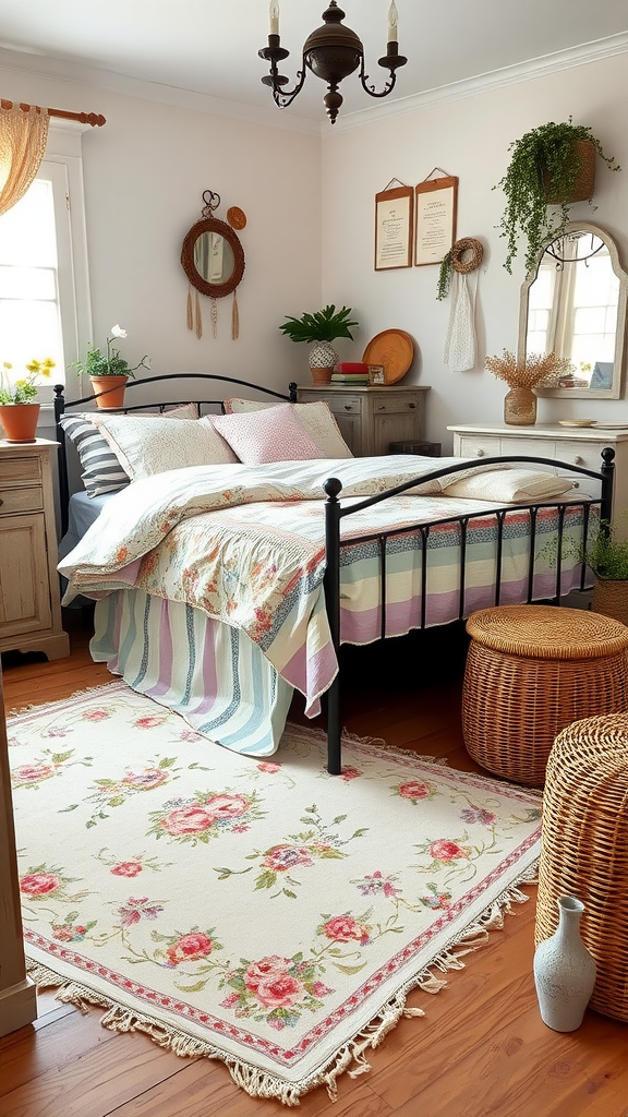 A cozy cottage bohemian bedroom featuring a black metal bed, layered bedding, floral rug, and potted plants.