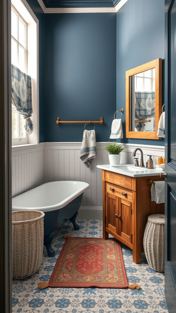 A cozy cottage bathroom with dark blue walls, a freestanding bathtub, and a wooden vanity.