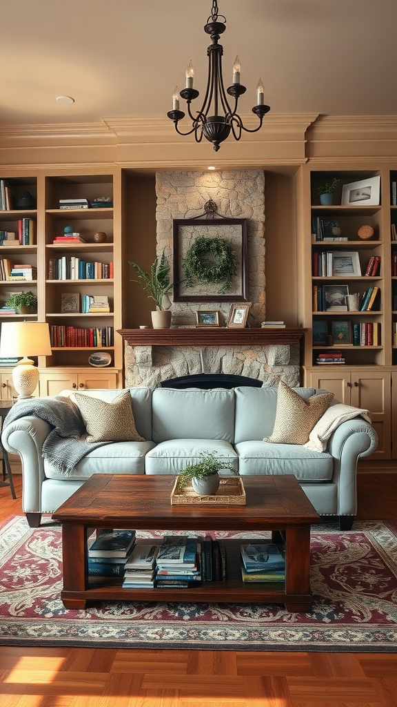 Cozy cottage living room featuring built-in bookshelves, a light couch, a wooden coffee table, and a stone fireplace.