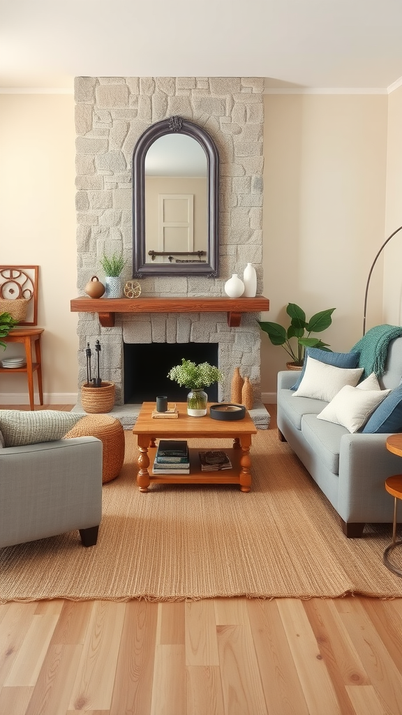 Cozy living room with stone fireplace, gray sofas, wooden coffee table, and plants