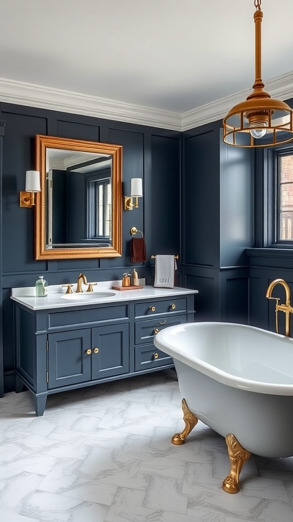 A modern farmhouse bathroom featuring navy walls, a freestanding bathtub, and a stylish vanity.