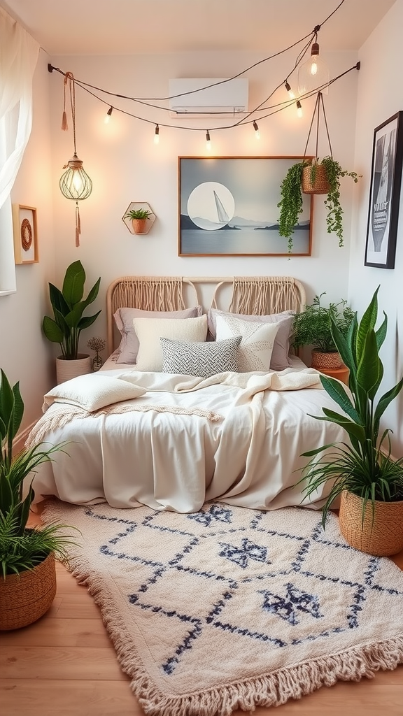 A cozy bohemian bedroom featuring a rattan bed, warm lighting, plants, and a soft rug.