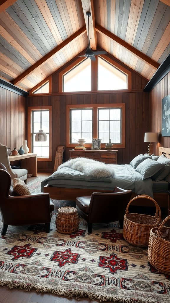 A cozy rustic bedroom featuring wooden paneling and ceiling, large windows, comfortable bedding, and a stylish area rug.