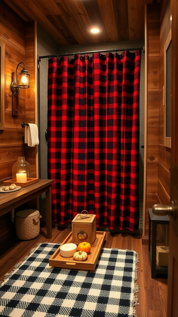 Cozy bathroom decor featuring a red and black plaid shower curtain, wooden accents, and a checkered rug.