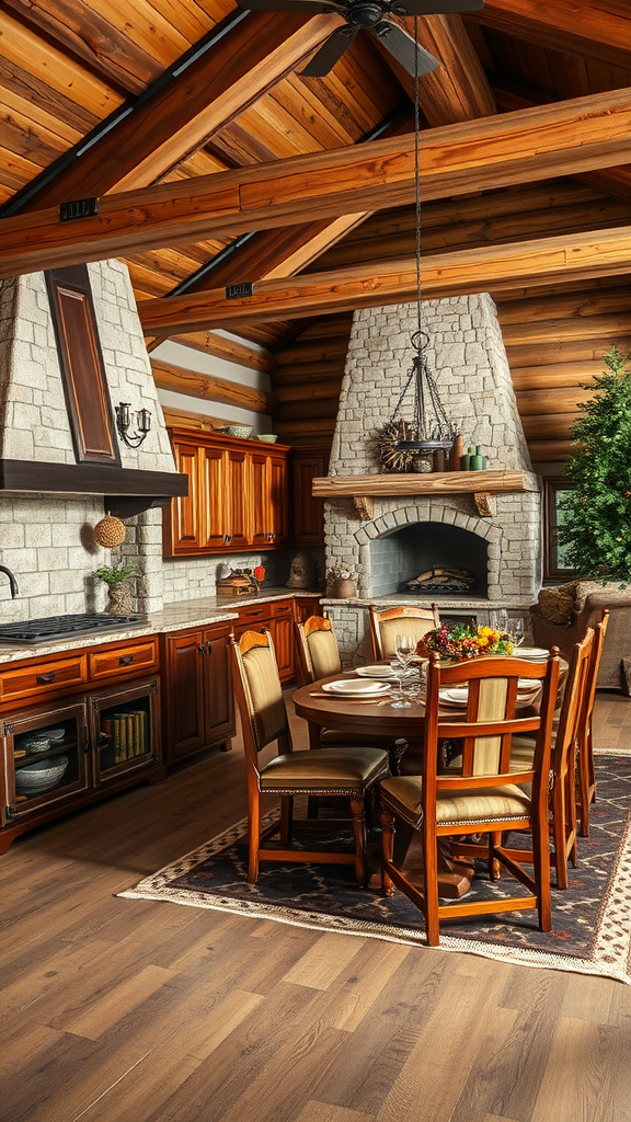 Cozy chalet kitchen and dining area with wooden beams, a stone fireplace, and a round dining table.