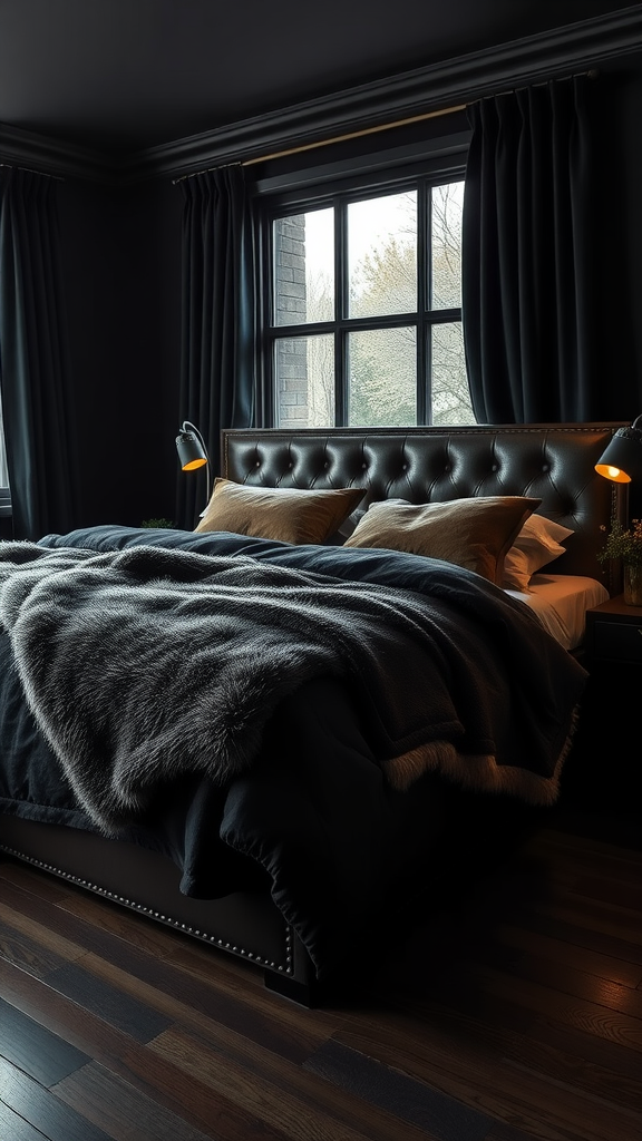 A cozy dark bedroom featuring black walls, a plush bed with a soft throw, and warm bedside lighting.