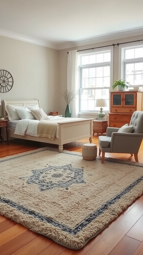 Cozy farmhouse bedroom featuring a large area rug, bed, and natural light from windows