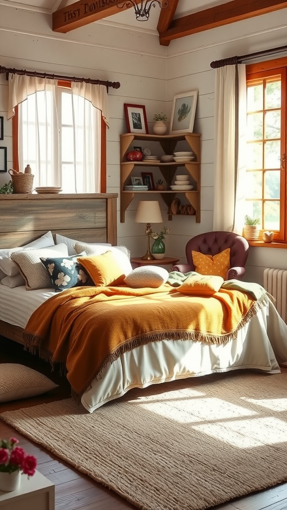 Cozy farmhouse bedroom featuring an orange blanket, eclectic decor, and warm sunlight.