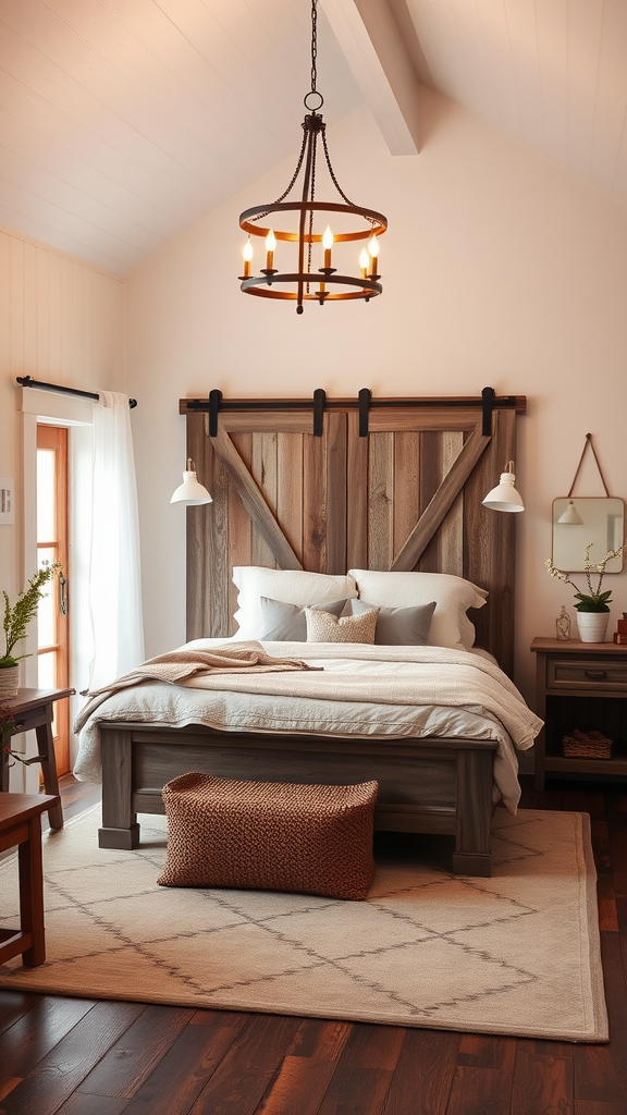 Cozy farmhouse bedroom featuring a sliding barn door, wooden bed, and warm decor.