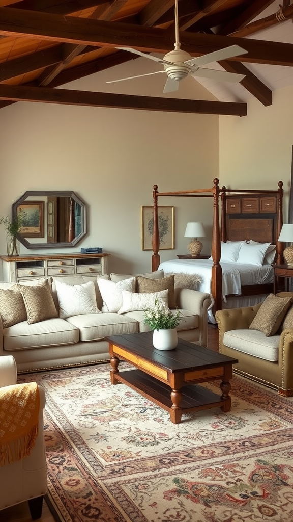 Cozy farmhouse living room-bedroom combo with wooden beams, beige furniture, and a patterned rug.