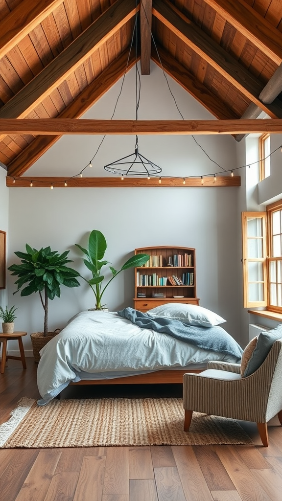 A cozy farmhouse loft bedroom featuring a wooden ceiling, large windows, a comfortable bed, plants, and a reading nook.