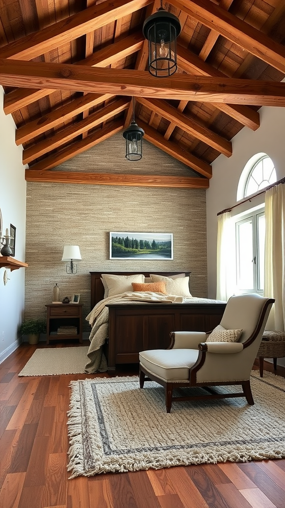 Cozy farmhouse loft bedroom with exposed wooden beams, wooden flooring, and stylish decor.