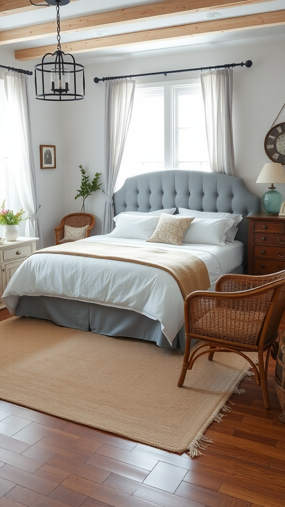 A cozy farmhouse bedroom featuring a tufted headboard, rattan chairs, and natural light.