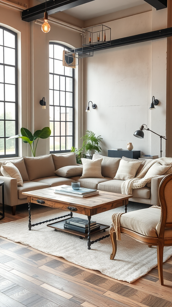 Cozy industrial living room with a sectional sofa, a wooden coffee table, and large windows