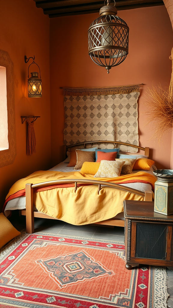 A cozy Moroccan bedroom featuring warm colors, textured cushions, and decorative lighting.