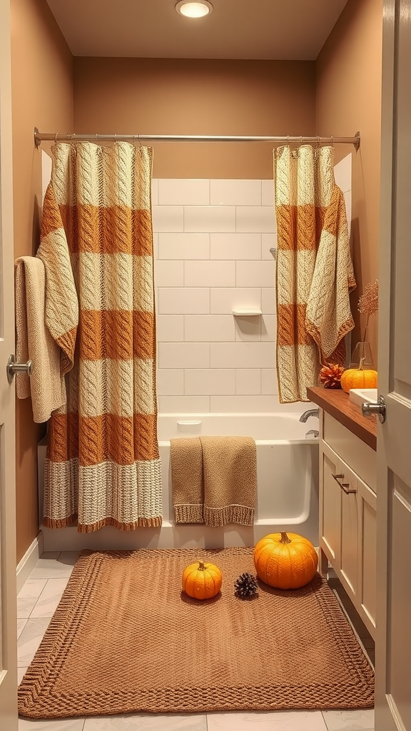 Cozy fall-themed bathroom with knitted shower curtains, matching towels, and decorative pumpkins.