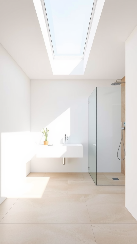 A minimalist bathroom with white walls, a skylight, a wall-mounted sink, a glass shower, and light beige tiles.