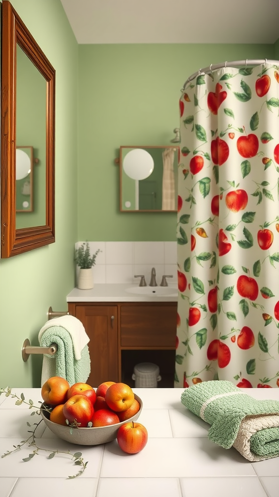 A bathroom decorated for fall with red apple-themed shower curtain, fresh apples in a bowl, and green accents.