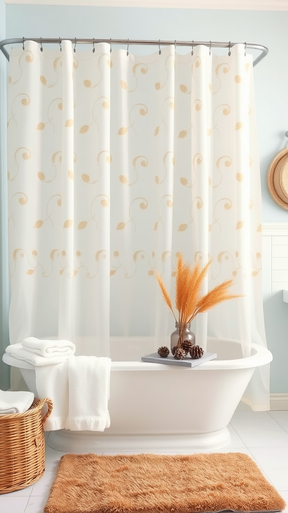 A cozy autumn-themed bathroom with a leaf-patterned shower curtain, white towels, a wicker basket, and a burnt orange bath mat.